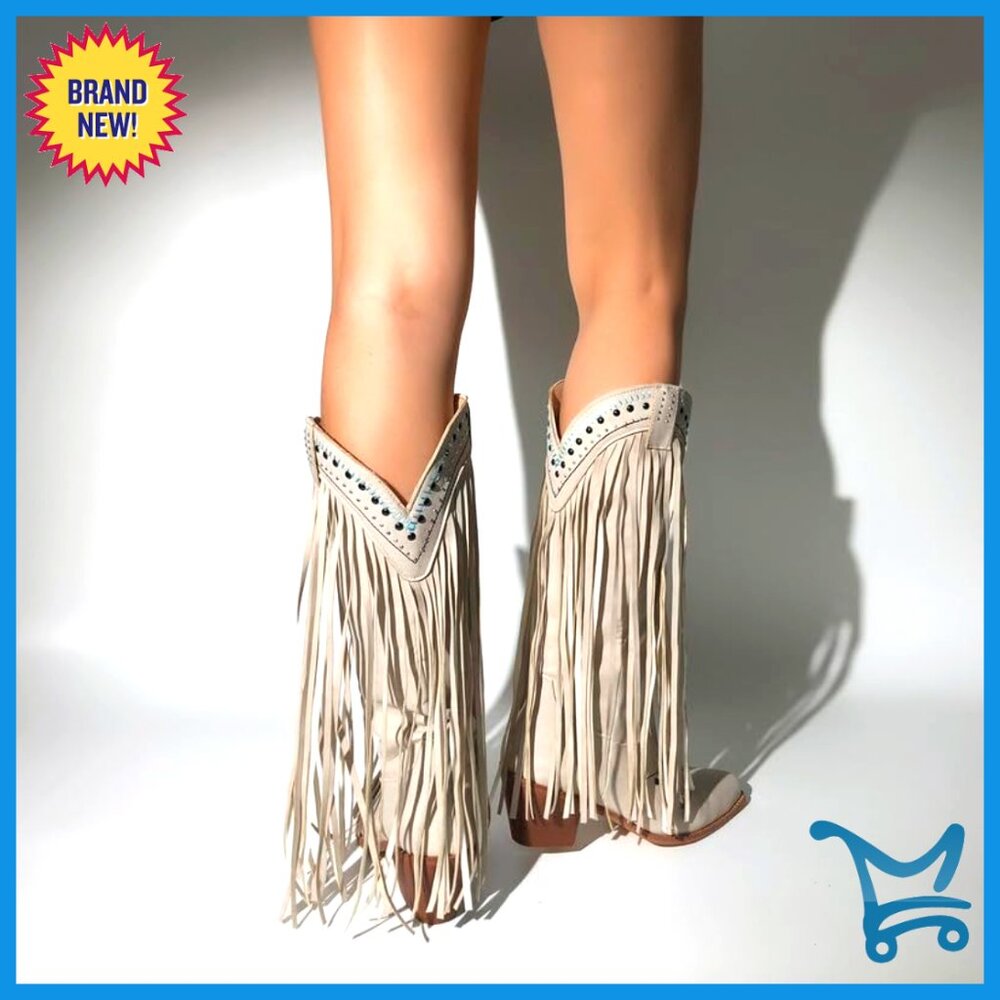 Women's Cream Fringe Western Knee-High Heeled Boot with Turquoise Accents - Picture 6 of 7